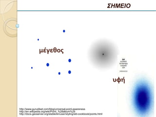 ΣΗΜΕΙΟ




                 μέγεθοσ



                                                                             υφή



http://www.gurusfeet.com/blog/universal-point-awareness
http://en.wikipedia.org/wiki/Point_%28album%29
http://docs.geoserver.org/stable/en/user/styling/sld-cookbook/points.html
 