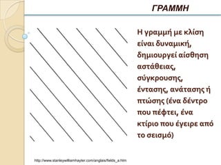 ΓΡΑΜΜΗ

                                                           Η γραμμή με κλίςη
                                                           είναι δυναμική,
                                                           δημιουργεί αίςθηςη
                                                           αςτάθειασ,
                                                           ςύγκρουςησ,
                                                           ένταςησ, ανάταςησ ή
                                                           πτώςησ (ένα δέντρο
                                                           που πέφτει, ένα
                                                           κτίριο που έγειρε από
                                                           το ςειςμό)


http://www.stanleywilliamhayter.com/anglais/fields_a.htm
 