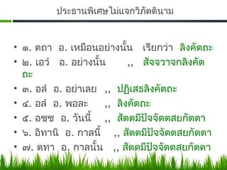 ประธานพิเศษไม่แจกวิภัตตินาม


• ๑. ตถา อ. เหมือนอย่างนัน เรียกว่า ลิงคัตถะ
                            ้
• ๒. เอวำ อ. อย่างนั้น        ,, สัจจวาจกลิงคัต
  ถะ
• ๓. อลำ อ. อย่าเลย ,, ปฏิเสธลิงคัตถะ
• ๔. อลำ อ. พอละ      ,, ลิงคัตถะ
• ๕.​ อชฺช อ. วันนี้ ,, สัตตมีปัจจัตตสยกัตตา
• ๖. อิทานิ อ. กาลนี้ ,, สัตตมีปัจจัตตสยกัตตา
• ๗. ตทา อ. กาลนั้น ,, สัตตมีปจจัตตสยกัตตา
                                    ั
 