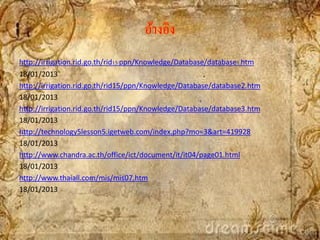 อ้างอิง
http://irrigation.rid.go.th/rid15/ppn/Knowledge/Database/database1.htm
18/01/2013
http://irrigation.rid.go.th/rid15/ppn/Knowledge/Database/database2.htm
18/01/2013
http://irrigation.rid.go.th/rid15/ppn/Knowledge/Database/database3.htm
18/01/2013
http://technology5lesson5.igetweb.com/index.php?mo=3&art=419928
18/01/2013
http://www.chandra.ac.th/office/ict/document/it/it04/page01.html
18/01/2013
http://www.thaiall.com/mis/mis07.htm
18/01/2013
 