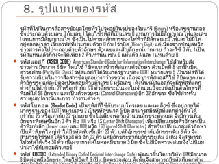 8. รูป แบบของรหัส
  รหัสทีใช้ในการสื่อสารข้อมูลโดยทั่วไปจะอยู่ในรูปของไบนารี (Binary) หรือเลขฐานสอง
         ่
  ซึ่งประกอบด้วยเลข 0 กับเลข 1 โดยใช้รหัสทีเป็นเลข 0 แทนการไม่มีสัญญาณไฟและเลข
                                                      ่
  1 แทนการมีสัญญาณไฟ ซึ่งเป็นไปตามหลักการของไฟฟ้าที่มลักษณะมีไฟและไม่มไฟี                      ี
  อยู่ตลอดเวลา เรียกรหัสที่ประกอบด้วย 0 กับ 1 ว่าบิต (Binary Digit) แต่เนื่องจากข้อมูลหรือ
  ข่าวสารทั่วไปประกอบด้วยตัวอักษร ตัวเลขและสัญลักษณ์มากมาย ถ้าจะใช้ 0 กับ 1 เป็น
  รหัสแทนแล้วก็คงจะได้เพียง 2 ตัวเท่านั้น เช่น 0 แทนตัว A และ 1 แทนด้วย B
 รหัส แอสกี (ASCll CODE) American Standard Code for Information Interchange ใช้สำาหรับส่ง
  ข่าวสาร มีขนาด 8 บิต โดยใช้ 7 บิตแรกเข้ารหัสแทนตัวอักษร ส่วนบิตที่ 8 จะเป็นบิต
  ตรวจสอบ (Parity Bit Check) รหัสแอสกีได้รับมาตรฐานของ CCITT หมายเลข 5 เป็นรหัสที่ได้
  รับความนิยมในการสื่อสารข้อมูลอย่างกว้างขวาง เนื่องจากรหัสแอสกีใช้ 7 บิตแรกแทน
  ตัวอักขระ แต่ละบิตจะประกอบด้วยตัวเลข 0 หรือเลข 1 ดังนั้นรหัสแอสกีจะมีรหัสทีแตก             ่
  ต่างกันได้เท่ากับ 27 หรือเท่ากับ 128 ตัวอักขระนั่นเองในจำานวนนี้จะแบ่งเป็นตัวอักษรที่
  พิมพ์ได้ 96 อักขระ และเป็นตัวควบคุม (Control Characters) อีก 32 อักขระ ซึงใช้สำาหรับ
                                                                                   ่
  ควบคุมอุปกรณ์และการ ทำางานต่าง ๆ
 รหัส โบคอต (Baudot Code) เป็นรหัสทีใช้กบระบบโทรเลข และเทเล็กซ์ ซึ่งอยู่ภายใต้
                                            ่     ั
  มาตรฐานของ CCITT หมายเลข 2 เป็นรหัสขนาด 5 บิต สามารถมีรหัสทีแตกต่างกันได้      ่
  เท่ากับ 25 หรือเท่ากับ 32 รูปแบบ ซึงไม่เพียงพอกับจำานวนอักขระทังหมด จึงมีการเพิ่ม
                                       ่                                      ้
  อักขระพิเศษขึ้นอีก 2 ตัว คือ 11111 หรือ LS (Letter Shift Character) เพื่อเปลี่ยนกลุ่มตัวอักษรเป็น
  ตัวพิมพ์เล็ก (Lower case) และ 11011 หรือ FS(Figured Shift Character) สำาหรับเปลี่ยนกลุ่มตัวอักษร
  เป็นตัวพิมพ์ใหญ่ทำาให้มีรหัสเพิ่มขึนอีก 32 ตัว แต่มอักขระซำ้ากับอักขระเดิม 6 ตัว จึง
                                         ้                  ี
  สามารถใช้รหัสได้จริง 58 ตัว อีก 32 ตัว แต่มอักขระซำ้ากับอักขระเดิม 6 เดิม จึงสามารถ
                                                    ี
  ใช้รหัสได้จริง 58 ตัว เนื่องจากรหัสโบคอตมีขนาด 5 บิต ซึงไม่มีบิตตรวจสอบจึงไม่นิยม
                                                                    ่
  นำามาใช้กับคอมพิวเตอร์
 รหัส EBCDIC (Extended Binary Coded Decimal Interchange Code) พัฒนาขึนโดยบริษัท IBM มีขนาด
                                                                            ้
  8 บิตต่อหนึ่งอักขระ โดยใช้บิตที่ 9 เป็น บิตตรวจสอบ ดังนั้นจึงสามารถมีรหัสทีแตกต่าง      ่
 