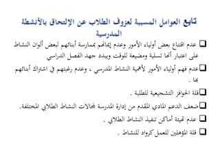 ‫‪ ‬عدم اقتناع بعض أولياء األمور وعدم إمياهنم مبمارسة أبنائهم لبعض ألوان النشاط‬
             ‫على اعتبار أهنا تسلية ومضيعة للوقت ويبدد جهد الفصل الدراسي‬
‫‪ ‬عدم فهم أولياء األمور ألمهية النشاط ادلدرسي ، وعدم رغبتهم يف اشرتاك أبنائهم‬
                                                                         ‫هبا .‬
                                                ‫‪‬قلة احلوافز التشجيعية للطلبة .‬
 ‫‪ ‬ضعف الدعم ادلادي ادلقدم من إدارة ادلدرسة جملاالت النشاط الطاليب ادلختلفة.‬
                                    ‫‪ ‬عدم هتيئة أماكن تنفيذ النشاط الطاليب .‬
                                           ‫‪ ‬قلة ادلؤىلني للعمل كرواد للنشاط .‬
 