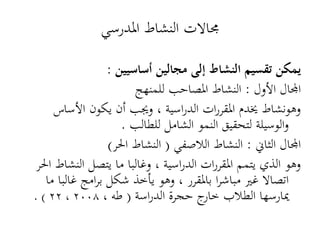 ‫رلاالت النشاط ادلدرسي‬

                  ‫يمكن تقسيم النشاط إلى مجالين أساسيين :‬
                        ‫اجملال األول : النشاط ادلصاحب للمنهج‬
     ‫وىونشاط خيدم ادلقررات الدراسية ، وجيب أن يكون األساس‬
                     ‫والوسيلة لتحقيق النمو الشامل للطالب .‬
                  ‫اجملال الثاين : النشاط الالصفي ( النشاط احلر)‬
‫وىو الذي يتمم ادلقررات الدراسية ، وغالبا ما يتصل النشاط احلر‬
   ‫اتصاال غري مباشرا بادلقرر ، وىو يأخذ شكل برامج غالبا ما‬
‫ميارسها الطالب ج حجرة الدراسة ( طو ، 8002 ، 22 ) .‬
                                      ‫خار‬
 