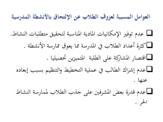 ‫‪ ‬عدم توفري اإلمكانيات ادلادية ادلناسبة لتحقيق متطلبات النشاط.‬
     ‫‪‬كثرة أعداد الطالب يف ادلدرسة مما يعوق ممارسة األنشطة .‬
               ‫‪‬اقتصار كة على الطلبة ادلتميزين حتصيليا .‬
                                                ‫ادلشار‬
  ‫‪‬عدم إشراك الطالب يف عملية التخطيط والتنظيم بسبب إبعاده‬
                                                        ‫عنها .‬
  ‫‪‬عدم قدرة بعض ادلشرفني على جذب الطالب دلمارسة النشاط‬
                                                         ‫احلر .‬
 