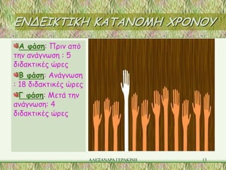 ΕΝΔΕΙΚΤΙΚΗ ΚΑΤΑΝΟΜΗ ΧΡΟΝΟΥ
  Α φάση: Πριν από
την ανάγνωση : 5
διδακτικές ώρες
  Β φάση: Ανάγνωση
: 18 διδακτικές ώρες
  Γ φάση: Μετά την
ανάγνωση: 4
διδακτικές ώρες




                       ΑΛΕΞΑΝΔΡΑ ΓΕΡΑΚΙΝΗ   13
 