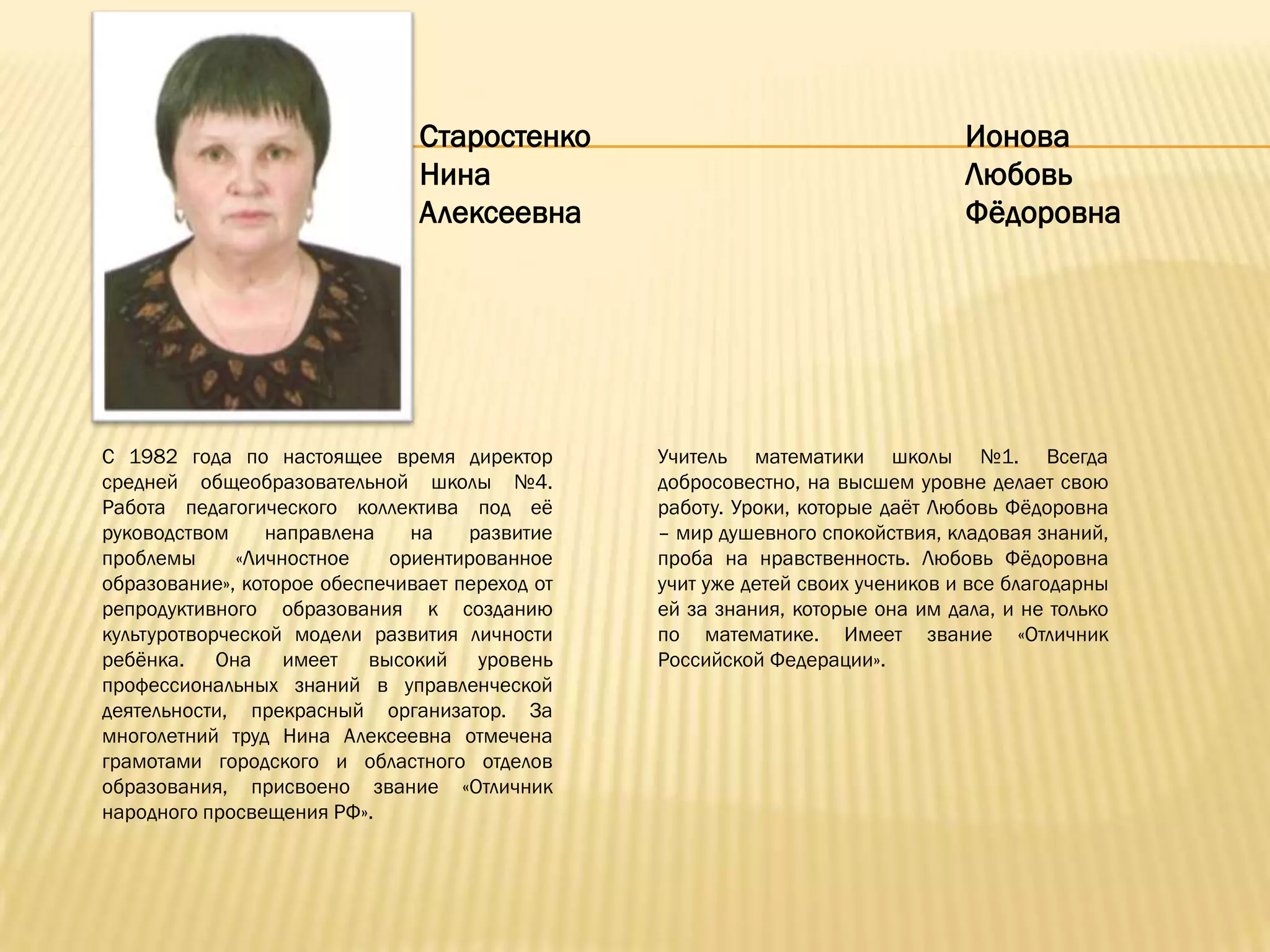 Старостенко                                     Ионова
                               Нина                                            Любовь
                               Алексеевна                                      Фѐдоровна




С 1982 года по настоящее время директор         Учитель математики школы №1. Всегда
средней общеобразовательной школы №4.           добросовестно, на высшем уровне делает свою
Работа педагогического коллектива под еѐ        работу. Уроки, которые даѐт Любовь Фѐдоровна
руководством     направлена   на    развитие    – мир душевного спокойствия, кладовая знаний,
проблемы      «Личностное   ориентированное     проба на нравственность. Любовь Фѐдоровна
образование», которое обеспечивает переход от   учит уже детей своих учеников и все благодарны
репродуктивного образования к созданию          ей за знания, которые она им дала, и не только
культуротворческой модели развития личности     по математике. Имеет звание «Отличник
ребѐнка. Она имеет высокий уровень              Российской Федерации».
профессиональных знаний в управленческой
деятельности, прекрасный организатор. За
многолетний труд Нина Алексеевна отмечена
грамотами городского и областного отделов
образования, присвоено звание «Отличник
народного просвещения РФ».
 