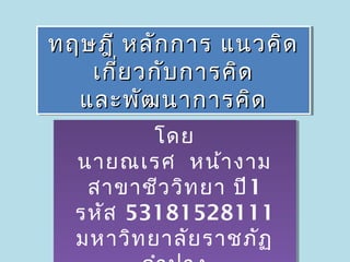 ทฤษฎี หลัก การ แนวคิด
ทฤษฎี หลัก การ แนวคิด
   เกี่ย วกับ การคิด
   เกีย วกับ การคิด
       ่
  และพัฒ นาการคิด
  และพัฒ นาการคิด
          โดย
          โดย
  นายณเรศ หน้า งาม
  นายณเรศ หน้า งาม
   สาขาชีว วิท ยา ปี1
   สาขาชีว วิท ยา ปี1
  รหัส 53181528111
  รหัส 53181528111
  มหาวิท ยาลัย ราชภัฏ
  มหาวิท ยาลัย ราชภัฏ
 