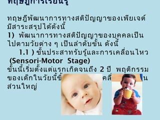 ทฤษฎีก ารเรีย นรู้

ทฤษฎีพ ัฒ นาการทางสติป ญ ญาของเพีย เจต์
                                 ั
มีส าระสรุป ได้ด ัง นี้
1) พัฒ นาการทางสติป ญ ญาของบุค คลเป็น
                               ั
ไปตามวัย ต่า ง ๆ เป็น ลำา ดับ ขั้น ดัง นี้
     1.1 ) ขั้น ประสาทรับ รู้แ ละการเคลื่อ นไหว
 (Sensori-Motor Stage)
ขั้น นีเ ริ่ม ตั้ง แต่แ รกเกิด จนถึง 2 ปี พฤติก รรม
       ้
ของเด็ก ในวัย นีข ึ้น อยู่ก ับ การเคลื่อ นไหวเป็น
                       ้
ส่ว นใหญ่
 