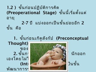 1.2 ) ขั้น ก่อ นปฏิบ ต ิก ารคิด
                     ั
(Preoperational Stage) ขั้น นีเ ริ่ม ตัง แต่
                                   ้      ้
อายุ
         2-7 ปี แบ่ง ออกเป็น ขั้น ย่อ ยอีก 2
ขั้น คือ

   1. ขั้น ก่อ นเกิด สัง กัป (Preconceptual
 Thought) เป็น ขั้น พัฒ นาการ
       ของเด็ก อายุ 2-4 ปี
   2. ขั้น การคิด แบบญาณหยั่ง รู้ นึก ออก
เองโดยไม่ใ ช้เ หตุผ ล
       (Intuitive Thought) เป็น ขั้น
พัฒ นาการของเด็ก อายุ 4-7 ปี
 