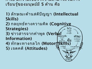 กาเย่ มีค วามเชือ ว่า ความสามารถในการ
                 ่
เรีย นรู้ข องมนุษ ย์ม ี 5 ด้า น คือ

1) ลัก ษณะด้า นสติป ญ ญา (Intellectual
                    ั
Skills)
2) กลยุท ธ์ท างความคิด (Cognitive
Strategies)
3) ข่า วสารจากคำา พูด (Verbal
Information)
4) ทัก ษะทางกลไก (Motor Skills)
5) เจตคติ (Attitudes)
 