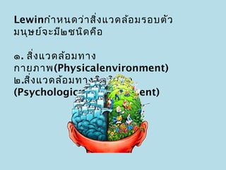 Lewinกำา หนดว่า สิง แวดล้อ มรอบตัว
                    ่
มนุษ ย์จ ะมี๒ ชนิด คือ

๑. สิง แวดล้อ มทาง
      ่
กายภาพ(Physicalenvironment)
๒.สิง แวดล้อ มทางจิต วิท ยา
    ่
(Psychological environment)
 