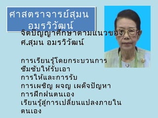 ศาสตราจารย์ส ุม น
ศาสตราจารย์ส ุม น
   อมรวิว ัฒ น์
   อมรวิว ัฒ น์
  จิต ปัญ ญาศึก ษาตามแนวของ
  ศ .สุม น อมรวิว ัฒ น์

  การเรีย นรู้โ ดยกระบวนการ
  ซึม ซับ ให้ร ับ เอา
  การให้แ ละการรับ
  การเผชิญ ผจญ เผด็จ ปัญ หา
  การฝึก ฝนตนเอง
  เรีย นรู้ส ก ารเปลี่ย นแปลงภายใน
             ู่
  ตนเอง
 