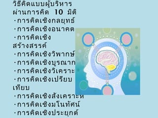 วิธ ค ด แบบผูบ ริห าร
    ี ิ      ้
ผ่า นการคิด 10 มิต ิ
•การคิด เชิง กลยุท ธ์
•การคิด เชิง อนาคต
•การคิด เชิง
สร้า งสรรค์
•การคิด เชิง วิพ ากษ์
•การคิด เชิง บูร ณาการ
•การคิด เชิง วิเ คราะห์
•การคิด เชิง เปรีย บ
เทีย บ
•การคิด เชิง สัง เคราะห์
•การคิด เชิง มโนทัศ น์
•การคิด เชิง ประยุก ต์
 
