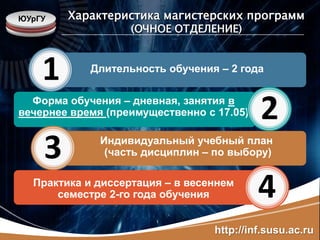 ЮУрГУ   Характеристика магистерских программ
                   (ОЧНОЕ ОТДЕЛЕНИЕ)



    1       Длительность обучения – 2 года


  Форма обучения – дневная, занятия в
вечернее время (преимущественно с 17.05)   2
    3         Индивидуальный учебный план
               (часть дисциплин – по выбору)

  Практика и диссертация – в весеннем
      семестре 2-го года обучения          4
                                  http://inf.susu.ac.ru
 