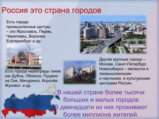 Россия это страна городов
 Есть города
 промышленные центры
 – это Ярославль, Пермь,
 Череповец, Воронеж,
 Екатеринбург и др.



                                        Другие крупные города –
                                        Москва, Санкт-Петербург,
                                        Новосибирск – являются и
Есть города наукограды такие
                                        промышленными
как Дубна, Обнинск, Пущено
                                        и научными, и культурными
на Оке, Мичуринск, Королѐв,
                                        центрами России.
Жуковск и др.
                            В нашей стране более тысячи
                              больших и малых городов.
                           В двенадцати из них проживают
                              более миллиона жителей.
 