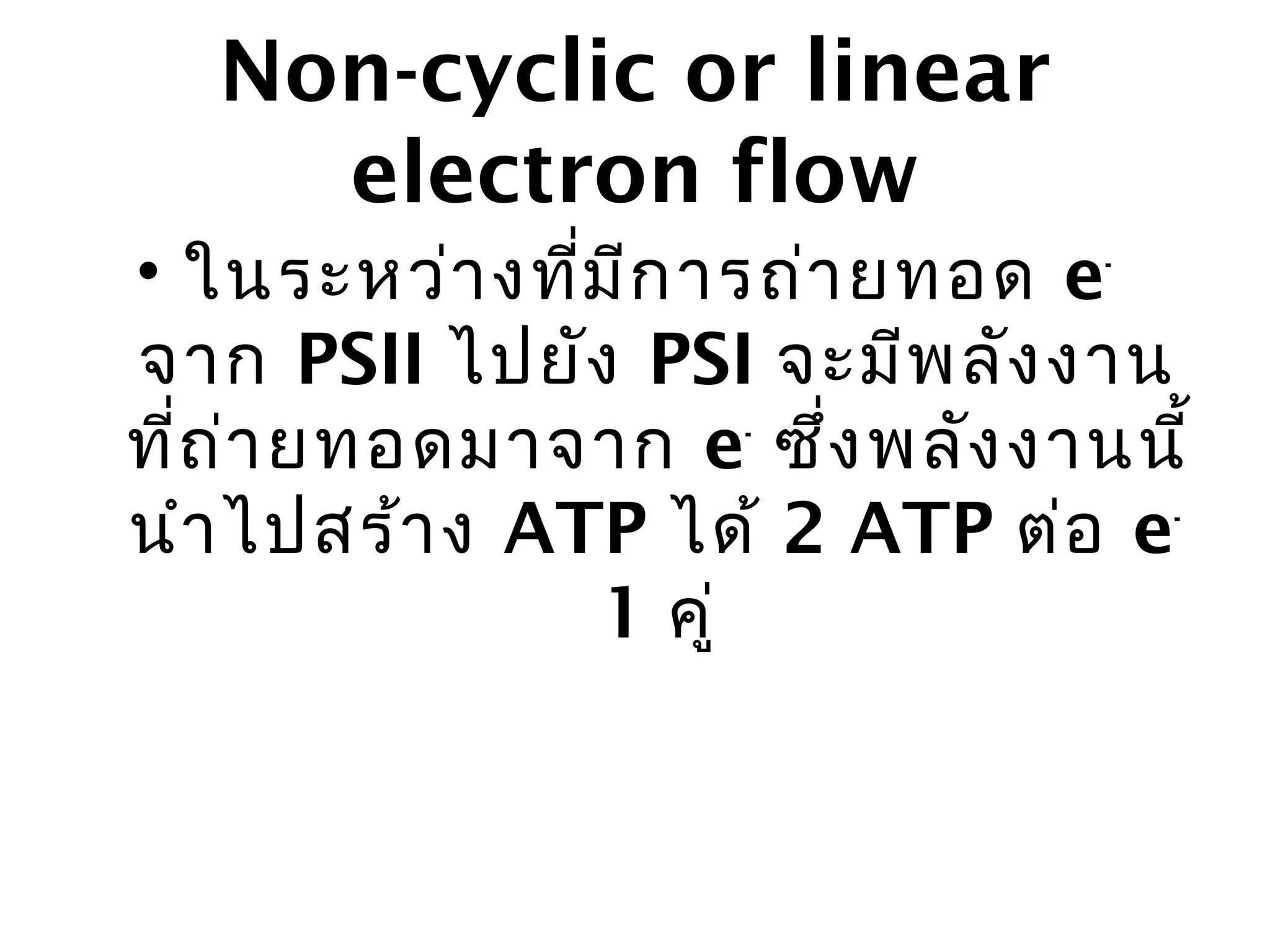 Non-cyclic or linear
     electron flow
• ในระหว่า งทีม ีก ารถ่า ยทอด e-
               ่
จาก PSII ไปยัง PSI จะมีพ ลัง งาน
ที่ถ ่า ยทอดมาจาก e- ซึ่ง พลัง งานนี้
นำา ไปสร้า ง ATP ได้ 2 ATP ต่อ e-
                 1 คู่
 