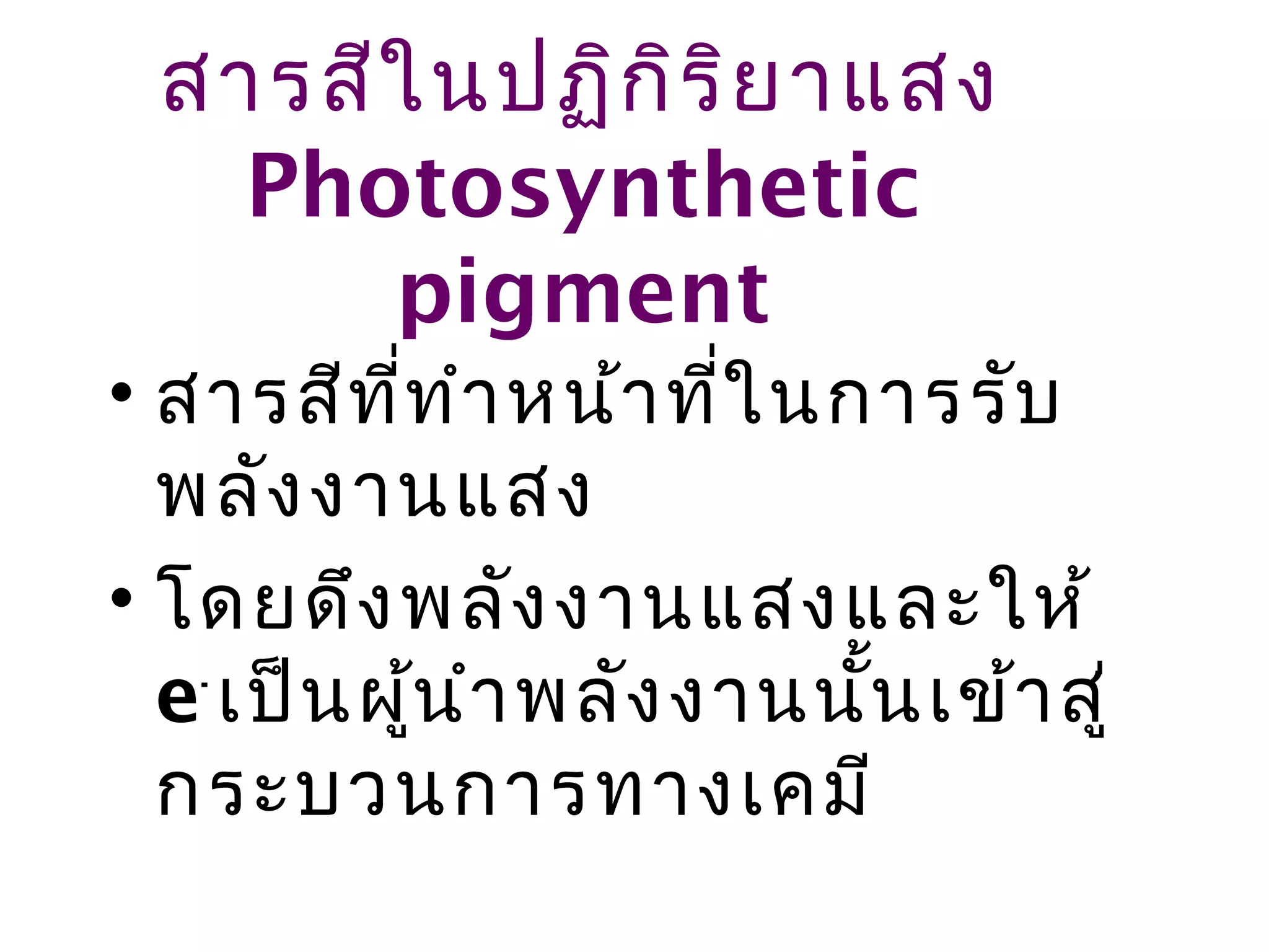 สารสีใ นปฏิก ร ิย าแสง
               ิ
    Photosynthetic
       pigment
• สารสีท ี่ท ำา หน้า ที่ใ นการรับ
  พลัง งานแสง
• โดยดึง พลัง งานแสงและให้
  e- เป็น ผู้น ำา พลัง งานนั้น เข้า สู่
  กระบวนการทางเคมี
 