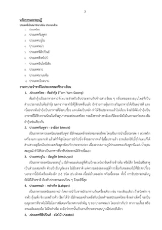 3

หลักการและทฤษฎี
ประเทศที่เป็นสมาชิกอาเซียน ประกอบด้วย
    1. ประเทศไทย
    2.   ประเทศกัมพูชา
   3. ประเทศบรูไน
   4. ประเทศพม่า
   5. ประเทศฟิลิปปินส์
   6. ประเทศสิงคโปร์
   7. ประเทศอินโดนีเซีย
   8. ประเทศลาว
   9. ประเทศมาเลเซีย
   10. ประเทศเวียดนาม
อาหารประจาชาติในประเทศสมาชิกอาเซียน
   1. .ประเทศไทย - ต้มยากุ้ง (Tom Yam Goong)
         ต้ ม ย ากุ้ ง เป็ น อาหารคาวที่ เ หมาะส าหรั บ รั บ ประทานกั บ ข้ า วสวยร้ อ น ๆ กลิ่ น หอมของสมุ น ไพรที่ เ ป็ น
   ส่วนประกอบในต้มยากุ้ง นอกจากจะทาให้รู้สึกสดชื่นแล้ว ยังช่วยกระตุ้นการเจริญอาหารได้เป็นอย่างดี และ
   เนื่องจากต้มยากุ้งเป็นอาหารที่มีรสเปรี้ยว และเผ็ดเป็นหลัก ทาให้รับประทานแล้วไม่เลี่ยน จึงทาให้ต้มยากุ้งเป็น
   อาหารที่ได้รับความนิยมในทั่วทุกภาคของประเทศไทย รวมถึงชาวต่างชาติเองก็ติดอกติดใจในความอร่อยของต้ม
   ยากุ้งเช่นเดียวกัน
   2. ประเทศกัมพูชา - อาม็อก (Amok)
         เป็นอาหารคาวยอดนิยมของกัมพูชา มีลักษณะคล้ายห่อหมกของไทย โดยเป็นการนาเนื้อปลาสด ๆ ลวกพริก
   เครื่องแกง และกะทิ แล้วทาให้สุกโดยการนาไปนึ่ง ซึ่งนอกจากจะใช้เนื้อปลาแล้ว อาจเลือกใช้เนื้อไก่แทนก็ได้
   ส่วนสาเหตุที่คนในประเทศกัมพูชานิยมรับประทานปลา เนื่องจากสภาพภูมิประเทศของกัมพูชามีแหล่งน้าอุดม
   สมบูรณ์ ทาให้ปลาเป็นอาหารที่หารับประทานได้ง่ายนั่นเอง
   3. ประเทศบรูไน - อัมบูยัต (Ambuyat)
         เป็นอาหารยอดนิยมของบรูไน มีลักษณะเด่นอยู่ที่ตัวแป้งจะเหนียวข้นคล้ายข้าวต้ม หรือโจ๊ก โดยมีแป้งสาคู
   เป็ น ส่ ว นผสมหลั ก ตั ว แป้ งอั มบู ยั ต เอง ไม่มีรสชาติ แต่ความอร่อยจะอยู่ที่ การจิ้ มกับซอสผลไม้ที่มีรสเปรี้ย ว
   นอกจากนี้ยังมีเครื่องเคียงอีก 2-3 ชนิด เช่น ผักสด เนื้อห่อใบตองย่า ง หรือเนื้อทอด ทั้งนี้ การรับประทานอัมบู
   ยัตให้ได้รสชาติ ต้องรับประทานตอนร้อน ๆ จึงจะดีที่สุด
   4. ประเทศพม่า - หล่าเพ็ด (Lahpet)
         เป็นอาหารยอดนิยมของพม่า โดยการนาใบชาหมักมาทานกับเครื่องเคียง เช่น กระเทียมเจียว ถั่วชนิดต่าง ๆ
   งาคั่ว กุ้งแห้ง ขิง มะพร้าวคั่ว เรี ยกได้ว่า มีลักษณะคล้ายคลึงกับเมี่ยงคาของประเทศไทย ซึ่งหล่าเพ็ดนี้ จะเป็น
   เมนูอาหารที่ขาดไม่ได้ในโอกาสพิเศษหรือเทศกาลสาคัญ ๆ ของประเทศพม่า โดยกล่าวกันว่า หากงานเลี้ยง หรือ
   งานเฉลิมฉลองใด ไม่มีหล่าเพ็ด จะถือว่าการนั้นเป็นงานที่ขาดความสมบูรณ์ไปเลยทีเดียว
   5. .ประเทศฟิลิปปินส์ - อโดโบ้ (Adobo)
 