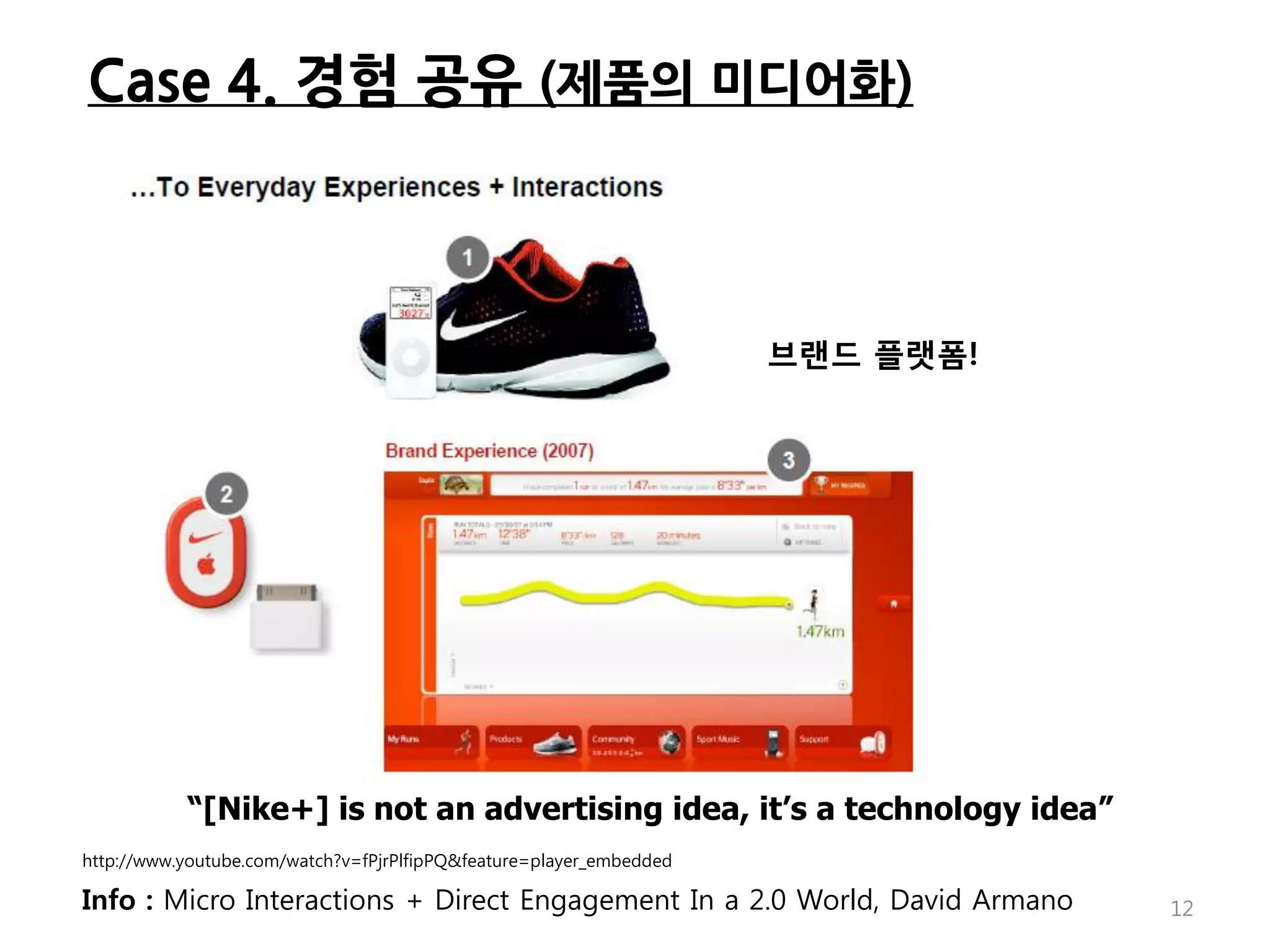 Case 4. 경험 공유 (제품의 미디어화)



                                                                     브랜드 플랫폼!




           “[Nike+] is not an advertising idea, it’s a technology idea”
http://www.youtube.com/watch?v=fPjrPlfipPQ&feature=player_embedded

Info : Micro Interactions + Direct Engagement In a 2.0 World, David Armano      12
 