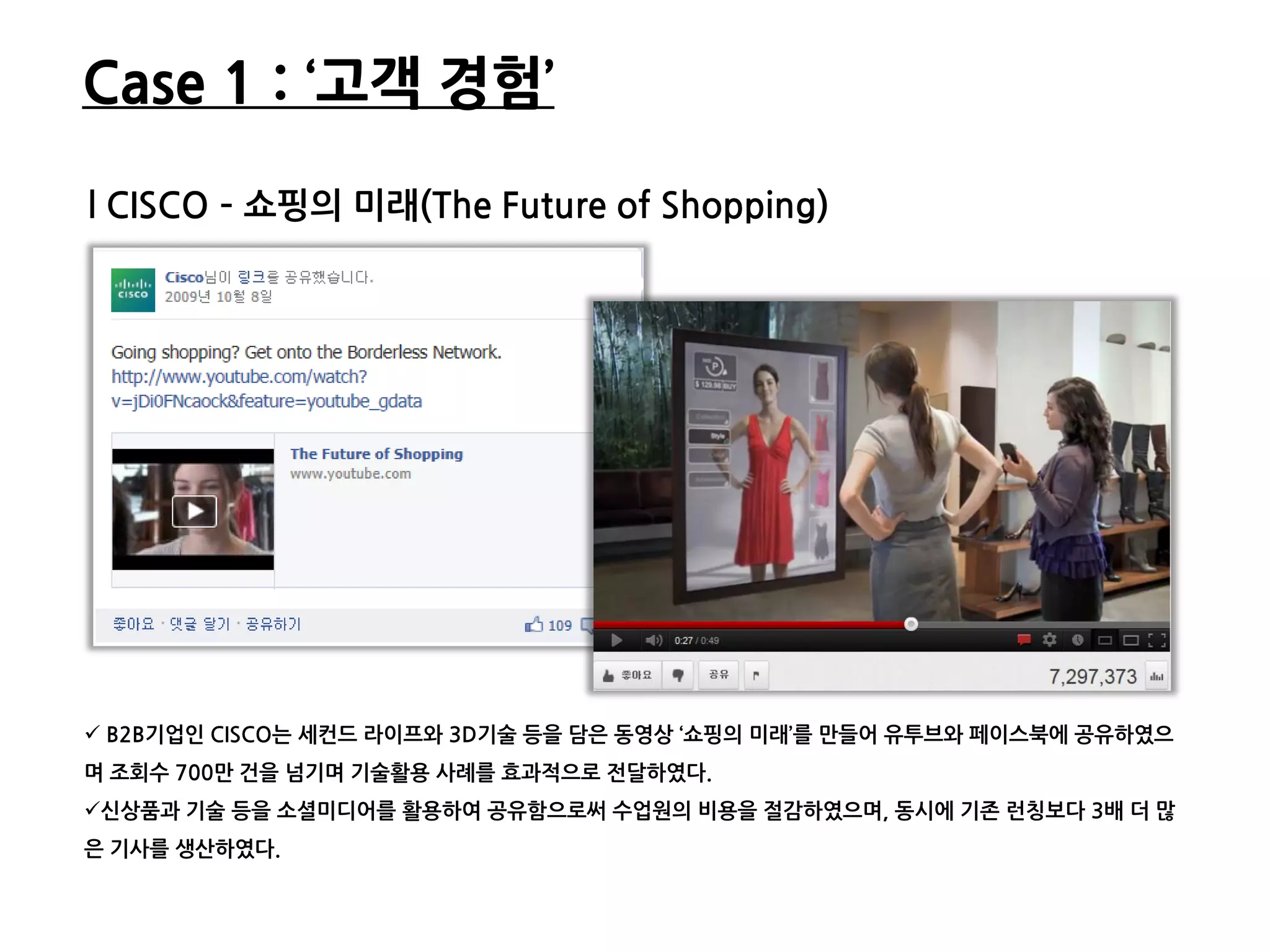 Case 1 : ‘고객 경험’

l CISCO – 쇼핑의 미래(The Future of Shopping)




 B2B기업읶 CISCO는 세컨드 라이프와 3D기술 등을 담은 동영상 ‘쇼핑의 미래’를 만들어 유투브와 페이스북에 공유하였으
며 조회수 700만 건을 넘기며 기술활용 사례를 효과적으로 젂달하였다.
싞상품과 기술 등을 소셜미디어를 활용하여 공유함으로써 수업원의 비용을 젃감하였으며, 동시에 기졲 런칭보다 3배 더 많
은 기사를 생산하였다.
 