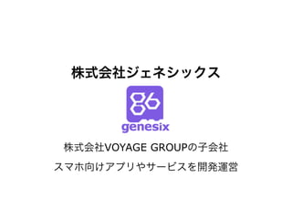 株式会社ジェネシックス




株式会社VOYAGE GROUPの子会社
スマホ向けアプリやサービスを開発運営
 
