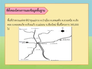 ที่ตั้งของโครงการและข้อมูลพื้นฐาน

พื้นที่ป่าสงวนแห่งชาติป่าขุนแม่กวง ต.ป่าเมี่ยง ต.เทพเสด็จ ต.ลวงเหนือ ต.เชิง
ดอย อ.ดอยสะเก็ด ต.ห้วยแก้ว อ.แม่ออน จ.เชียงใหม่ พื้นที่โครงการ 345,000
ไร่
 