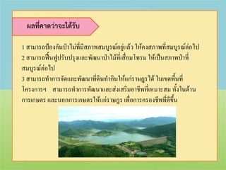 ผลที่คาดว่าจะได้รับ

1 สามารถป้องกันป่าไม่ที่มีสภาพสมบูรณ์อยู่แล้ว ให้คงสภาพที่สมบูรณ์ต่อไป
2 สามารถฟื้นฟูปรับปรุงและพัฒนาป่าไม้ที่เสื่อมโทรม ให้เป็นสภาพป่าที่
สมบูรณ์ต่อไป
3 สามารถทาการจัดและพัฒนาทีดินทากินให้แก่ราษฎรได้ ในเขตพื้นที่
                              ่
โครงการฯ สามารถทาการพัฒนาและส่งเสริมอาชีพที่เหมาะสม ทั้งในด้าน
การเกษตร และนอกการเกษตรให้แก่ราษฎร เพื่อการครองชีพที่ดีขึ้น
 