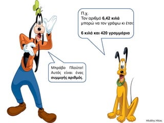 Π.τ.
               Τολ αρηζκό 6,42 κιλά
               κπορώ λα ηολ γράυφ θη έηζη:

               6 κιλά και 420 γπαμμάπια




Μπράβο Πλοφτο!
Αυτόσ είναι ζνασ
ςυμμιγισ αρικμόσ.




                                             Ηλιάδησ Ηλίασ
 