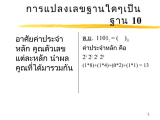 การแปลงเลขฐานใดๆเป็น
                 ฐาน 10
อาศัยค่าประจำา      ต.ย. 11012 = ( )10
หลัก คูณตัวเลข      ค่าประจำาหลัก คือ
แต่ละหลัก นำาผล     23 22 21 20
คูณที่ได้มารวมกัน   (1*8)+(1*4)+(0*2)+(1*1) = 13




                                               5
 