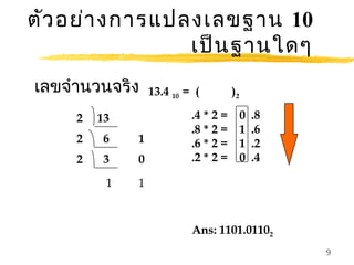 ตัว อย่า งการแปลงเลขฐาน 10
                เป็น ฐานใดๆ
เลขจำานวนจริง     13.4 10 = (         )2

     2   13                .4 * 2 =        0   .8
                           .8 * 2 =        1   .6
     2    6   1            .6 * 2 =        1   .2
     2    3   0            .2 * 2 =        0   .4

          1   1


                           Ans: 1101.01102
                                                    9
 