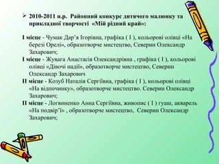  2010-2011 н.р. Районний конкурс дитячого малюнку та
  прикладної творчості «Мій рідний край»:

І місце - Чумак Дар’я Ігорівна, графіка ( І ), кольорові олівці «На
   березі Орелі», образотворче мистецтво, Северин Олександр
   Захарович;
І місце - Жувага Анастасія Олександрівна , графіка ( І ), кольорові
   олівці «Дівочі надії», образотворче мистецтво, Северин
   Олександр Захарович
ІІ місце - Козуб Наталія Сергіївна, графіка ( І ), кольорові олівці
   «На відпочинку», образотворче мистецтво. Северин Олександр
   Захарович;
ІІ місце - Логвиненко Анна Сергіївна, живопис ( І ) гуаш, акварель
   «На подвір’ї» , образотворче мистецтво, Северин Олександр
   Захарович;
 