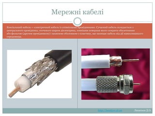 Мережні кабелі
Коксіальний кабель — електричний кабель із співвісними провідниками. Сучасний кабель
складається з центрального провідника, оточеного шаром діелектрика, зовнішня поверхня
якого покрита обплетенням або фольгою (другим провідником) і захисною оболонкою
з пластику, що захищає кабель від дії навколишнього середовища.

http://leontyev.at.ua

Леонтьєв Д.О.

 