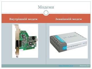 Модеми

Внутрішній модем

Зовнішній модем
http://leontyev.at.ua

Леонтьєв Д.О.

 