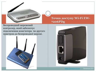Точка доступу Wi-Fi EW7206PDg

Беспроводний мережевий
контролер, який забезпечує підключення
комп‘ютера чи другого пристрою до
безпроводної мережі.

http://leontyev.at.ua

Леонтьєв Д.О.

 
