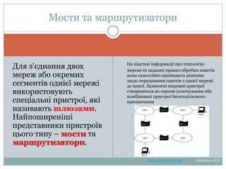 Мости та маршрутизатори
Для з'єднання двох
мереж або окремих
сегментів однієї мережі
використовують
спеціальні пристрої, які
називають шлюзами.
Найпоширеніші
представники пристроїв
цього типу – мости та
маршрутизатори.

На підставі інформації про топологію мережі
та заданих правил обробки пакетів вони
самостійно приймають рішення щодо
передавання пакетів з однієї мережі до
іншої. Зазначені мережні пристрої
створюються як окреме устаткування або
комбіновані пристрої багатоцільового
призначення

http://leontyev.at.ua

Леонтьєв Д.О.

 