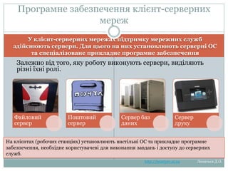 Програмне забезпечення клієнтсерверних мереж
У клієнт-серверних мережах підтримку мережних служб здійснюють сервери.
Для цього на них установлюють серверні ОС та спеціалізоване прикладне
програмне забезпечення

Залежно від того, яку роботу виконують сервери, виділяють
різні їхні ролі.

Файловий
сервер

Поштовий
сервер

Сервер
баз даних

Сервер
друку

На клієнтах (робочих станціях) установлюють настільні ОС та прикладне програмне
забезпечення, необхідне користувачеві для виконання завдань і доступу до серверних
служб.
http://leontyev.at.ua

Леонтьєв Д.О.

 