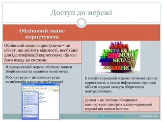 Доступ до мережі
Обліковий запис користувача

Обліковий запис користувача – це
об'єкт, що містить відомості, необхідні
для ідентифікації користувача під час
його входу до системи.
В одноранговій мережі облікові записи
зберігаються на кожному комп'ютері.
Робоча група – це логічна група
комп'ютерів однорангової мережі

В клієнт-серверній мережі облікові записи
користувачі, а також інформація про інші
об'єкти мережі можуть зберігатися
централізовано.

Домен – це логічне об'єднання комп'ютерів
і ресурсів клієнт-серверної мережі під
одним іменем.
http://leontyev.at.ua

Леонтьєв Д.О.

 