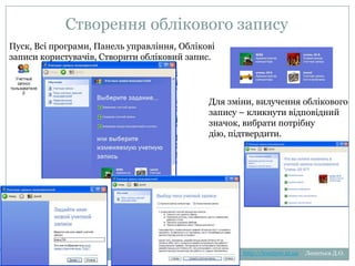 Створення облікового запису
Пуск, Всі програми, Панель управління, Облікові
записи користувачів, Створити обліковий запис.

Для зміни, вилучення облікового запису –
кликнути відповідний значок, вибрати
потрібну дію, підтвердити.

http://leontyev.at.ua

Леонтьєв Д.О.

 