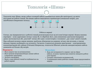 Топологія «Шина»
Топологія типу Шина, являє собою головний кабель (називається шина або магістраль), до якого під‗єднані
всі робочі станції. На кінцях кабеля знаходяться термінатори (спеціальні опори), для запобігання
поверненню сигналу.

Робота в мережі
Сигнал, що відправляється з робочої станції розповсюджується на всі комп‘ютери мережі. Кожна машина
перевіряє – кому адресовано сигнал і якщо їй, то обробляє його. Для уникнення одночасної відправки
даних застосовується або „несучий‖ сигнал або один з комп‘ютерів є головним і „дає слово‖ решті станцій.
При побудові великих мереж виникає проблема обмеження на довжину зв‘язку між вузлами, в такому
випадку мережу розбивають на сигменти. Сигменти з‘єднуються різними пристроями –
повторювачами, концентраторами або хабами (Свічами).Наприклад, технологія Ethernet дозволяє
використовувати кабель довжиною не більше 185 метрів.

Переваги:

Недоліки:

• Малі затрати часу на встановлення;
• Малі грошові витрати(необхідно менше кабеля
і мережевих пристроїв);
• Легкість настройки;
• Вихід з ладу робочої станції не відбивається на
роботі мережі.

• Будь-які несправності в мережі, такі як обрив
кабеля, поламка термінатора повністю знищують роботу
усієї мережі;
• Складна локалізація несправностей;
• З додаванням нових робочих станцій падає продуктивність
мережі.

http://leontyev.at.ua

Леонтьєв Д.О.

 