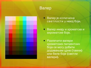 Валер

 • Валер је количина
   светлости у некој боји.

 • Валер имају и хроматске и
   ахроматске боје.

 • Различити валери
   хроматских пигментних
   боја се могу добити
   додавањем црне (тамни)
   или беле боје (светли
   валери).
 