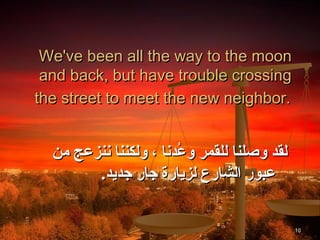 We've been all the way to the moon
 and back, but have trouble crossing
the street to meet the new neighbor.


  ‫لقد وصلنا للقمر وعدنا ، ولكننا ننزعج من‬
                       ُ‫د‬
        .‫عبور الشارع لزيارة جار جديد‬

                                            10
 
