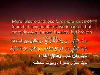 ‫‪More leisure and less fun; more kinds of‬‬
‫‪food, but less nutrition; two incomes, but‬‬
‫‪more divorce; fancier houses, but broken‬‬
                 ‫.‪homes‬‬
 ‫لدينا الكثير من واقت الفراغ ، والقليل من المتعة ؛‬
‫لدينا الكثير من أنواع الطعام ، والقليل من التغذية.‬
                   ‫لدينا دخل عال ، وطل ق أعلى ؛‬
              ‫لدينا منازل فاخرة ، وبيوت محطمة.‬
                                                     ‫61‬
 