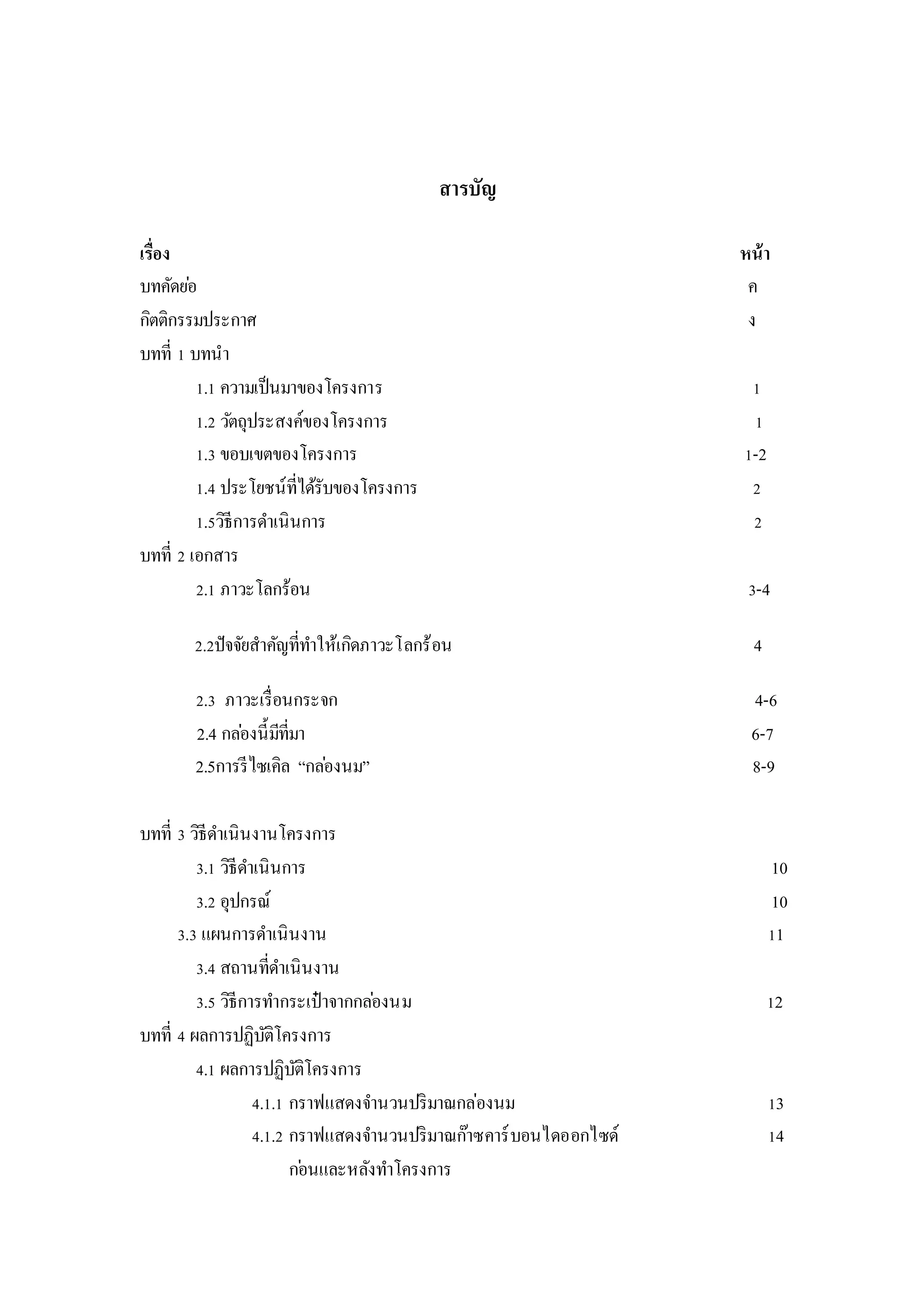 สารบัญ
เรื่อง หน้า
บทคัดย่อ ค
กิตติกรรมประกาศ ง
บทที่ 1 บทนา
1.1 ความเป็นมาของโครงการ 1
1.2 วัตถุประสงค์ของโครงการ 1
1.3 ขอบเขตของโครงการ 1-2
1.4 ประโยชน์ที่ได้รับของโครงการ 2
1.5วิธีการดาเนินการ 2
บทที่ 2 เอกสาร
2.1 ภาวะโลกร้อน 3-4
2.2ปัจจัยสาคัญที่ทาให้เกิดภาวะโลกร้อน 4
2.3 ภาวะเรื่อนกระจก 4-6
2.4 กล่องนี้มีที่มา 6-7
2.5การรีไซเคิล “กล่องนม” 8-9
บทที่ 3 วิธีดาเนินงานโครงการ
3.1 วิธีดาเนินการ 10
3.2 อุปกรณ์ 10
3.3 แผนการดาเนินงาน 11
3.4 สถานที่ดาเนินงาน
3.5 วิธีการทากระเป๋าจากกล่องนม 12
บทที่ 4 ผลการปฏิบัติโครงการ
4.1 ผลการปฏิบัติโครงการ
4.1.1 กราฟแสดงจานวนปริมาณกล่องนม 13
4.1.2 กราฟแสดงจานวนปริมาณก๊าซคาร์บอนไดออกไซด์ 14
ก่อนและหลังทาโครงการ
 
