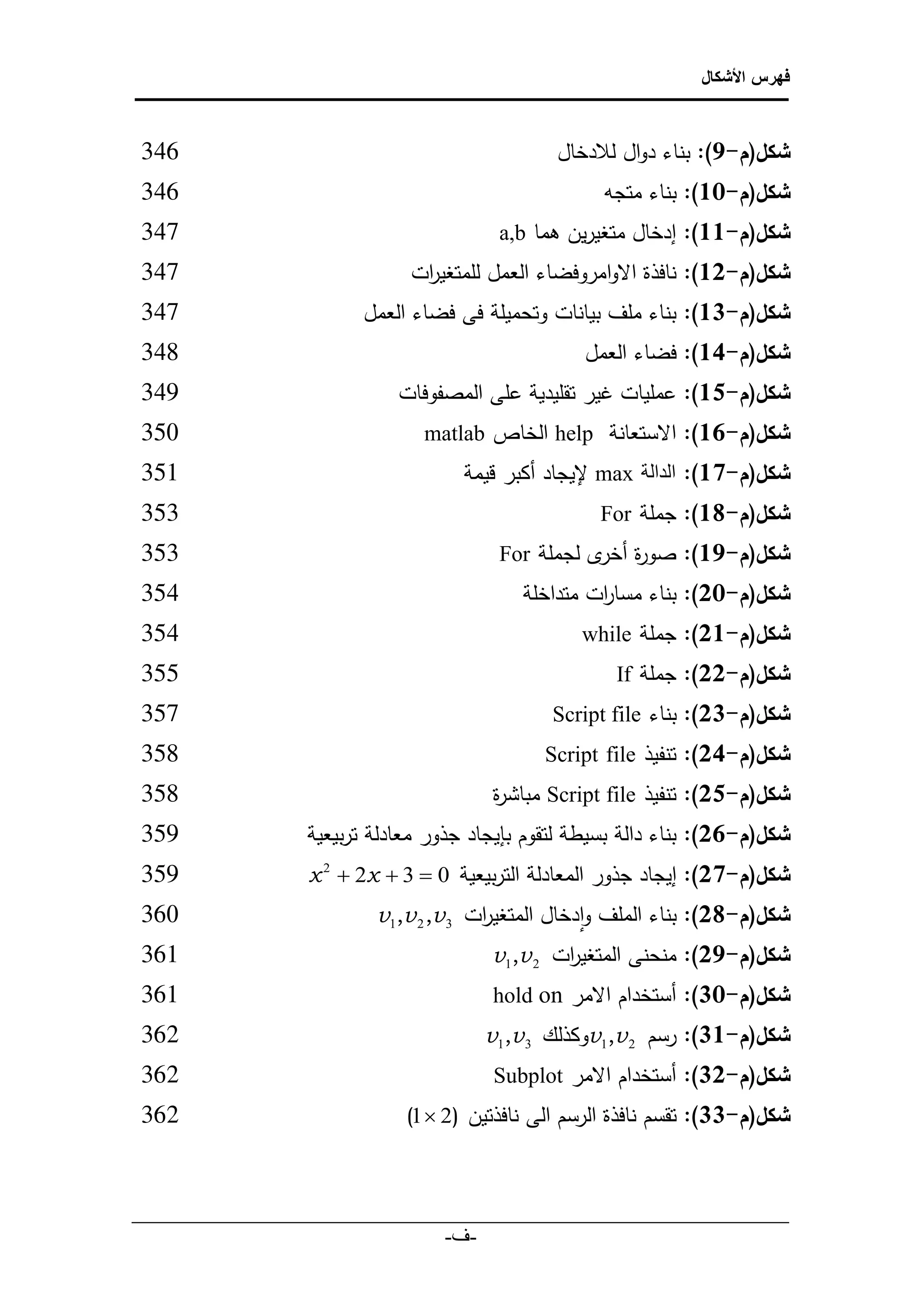 ‫فهرس األشكال‬



‫043‬                                         ‫شكل(م-7):ًبناء دوال لالدخالً‬
‫043‬                                               ‫شكل(م-21):ًبناء متجهً‬
‫543‬                                   ‫شكل(م-11):ًإدخال متغيرين هما ‪a,b‬‬
‫543‬                       ‫شكل(م-01):ًنافذة الوامروفضاء العمل للمتغي اتً‬
                            ‫ر‬
‫543‬                  ‫شكل(م-31):ًبناء ملف بيانات وتحميلة فى فضاء العمل‬
‫843‬                                              ‫شكل(م-41):ًفضاء العمل‬
‫943‬                       ‫شكل(م-51):ًعمليات غير تقليدية على المصفوفات‬
‫623‬                          ‫شكل(م-41):ًالستعانة ‪ help‬الخاص ‪matlab‬‬
‫223‬                               ‫شكل(م-91): الدالة ‪ max‬إليجاد أكبر قيمة‬
‫323‬                                                ‫شكل(م-81):ًجملة ‪For‬‬
‫323‬                                   ‫شكل(م-71):ًصو ة ى لجملة ‪For‬‬
                                                 ‫ر أخر‬
‫423‬                                      ‫شكل(م-20): بناء مسا ات متداخلة‬
                                                  ‫ر‬
‫423‬                                             ‫شكل(م-10): جملة ‪while‬‬
‫223‬                                                  ‫شكل(م-00): جملة ‪If‬‬
‫523‬                                          ‫شكل(م-30): بناء ‪Script file‬‬
‫823‬                                         ‫شكل(م-40): تنفيذ ‪Script file‬‬
‫823‬                                  ‫شكل(م-50): تنفيذ ‪ Script file‬مباش ة‬
                                     ‫ر‬
‫923‬            ‫شكل(م-40): بناء دالة بسيطة لتقوم بإيجاد جذور معادلة تربيعية‬
‫923‬            ‫شكل(م-90): إيجاد جذور المعادلة التربيعية 0 ‪x 2  2x  3 ‬‬
‫603‬                    ‫شكل(م-80): بناء الملف وادخال المتغي ات 3 ‪v1,v 2 ,v‬‬
                                    ‫ر‬
‫203‬                                  ‫شكل(م-70): منحنى المتغي ات 2 ‪v1,v‬‬
                                             ‫ر‬
‫203‬                                 ‫شكل(م-23):ًأستخدام المر ‪ًhold on‬‬
‫103‬                                 ‫شكل(م-13):ًرسمً 2 ‪ v1,v‬وكذلك 3 ‪v1,v‬‬
‫103‬                                  ‫شكل(م-03):ًأستخدام المرً‪Subplot‬‬
‫103‬                        ‫شكل(م-33):ًتقسم نافذة الرسم الى نافذتينً )2 ‪(1 ‬‬



‫___________________________________________________________‬
                            ‫-ف-‬
                              ‫‌‬
 