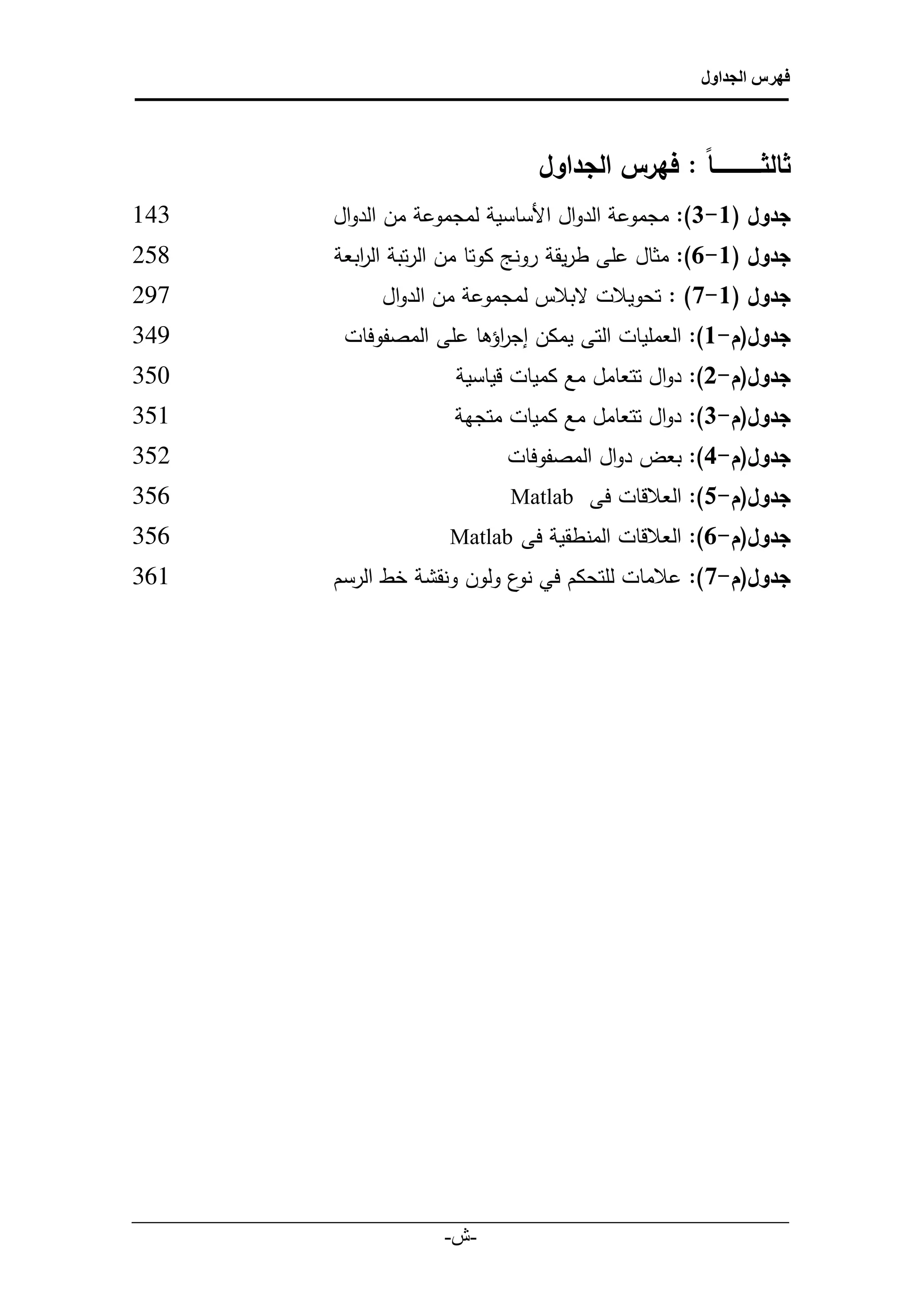 ‫فهرس الجداول‬



                                         ‫ثالثــــــــــــــ اً:ًفهرسًالجداولً‬

‫342‬               ‫جدولً(1-3): مجموعة الدوال األساسية لمجموعة من الدوال‬
‫821‬               ‫جدولً(1-4): مثال على طريقة رونج كوتا من الرتبة ال ابعة‬
                     ‫ر‬
‫591‬                  ‫جدولً(1-9)ً:ًتحويالت لبالس لمجموعة من الدوالًً‬
‫943‬               ‫جدول(م-1):ًالعمليات التى يمكن إج اؤها على المصفوفاتً‬
                                    ‫ر‬
‫623‬                             ‫جدول(م-0):ًدوال تتعامل مع كميات قياسية‬
‫223‬                             ‫جدول(م-3):ًدوال تتعامل مع كميات متجهة‬
‫123‬                                   ‫جدول(م-4):ًبعضًدوال المصفوفات‬
‫023‬                                   ‫جدول(م-5): العالقات فى ‪Matlab‬‬
‫023‬                           ‫جدول(م-4): العالقات المنطقية فى ‪ًMatlab‬‬
‫203‬              ‫جدول(م-9): عالمات للتحكم في ع ولون ونقشة خط الرسمً‬
                                       ‫نو‬
                                                                            ‫‌‬
                                                                            ‫‌‬
                                                                            ‫‌‬
                                                                            ‫‌‬
                                                                            ‫‌‬
                                                                            ‫‌‬
                                                                            ‫‌‬
                                                                            ‫‌‬
                                                                            ‫‌‬
                                                                            ‫‌‬
                                                                            ‫‌‬
                                                                           ‫‌‌‬
                                                                            ‫‌‬




‫___________________________________________________________‬
                            ‫-ش-‬
                              ‫‌‬
 