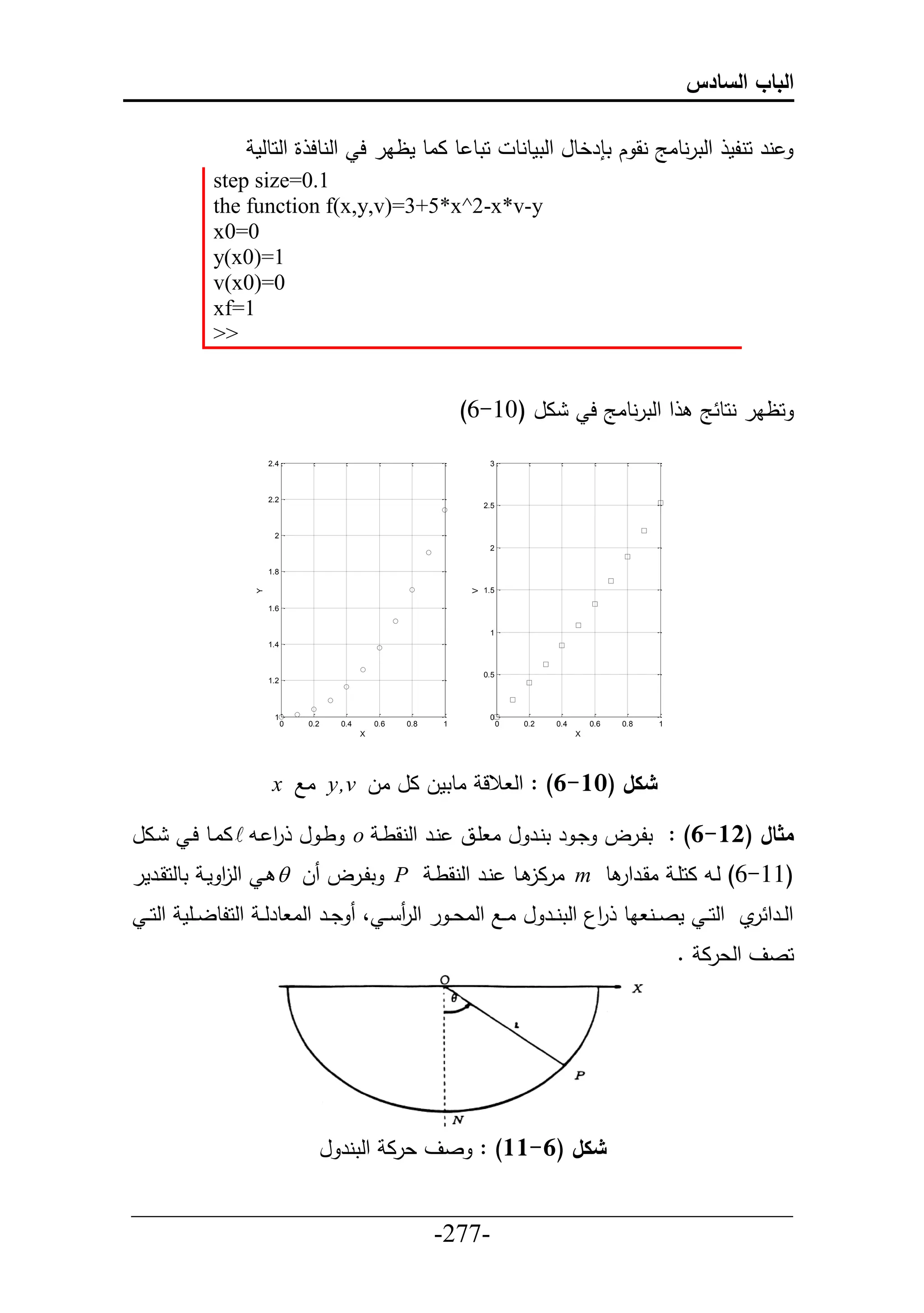‫الباب السادس‬

                ‫حتط ط ااط مظار ح حلنطح ة حلحطلم‬                              ‫نر حنلم حلترنطاج نق ك ت رخطل حلتمطنط‬
          ‫1.0=‪step size‬‬
          ‫‪the function f(x,y,v)=3+5*x^2-x*v-y‬‬
          ‫0=0‪x‬‬
          ‫1=)0‪y(x‬‬
          ‫0=)0‪v(x‬‬
          ‫1=‪xf‬‬
          ‫>>‬


                                                              ‫ال (26-6)‬                       ‫ح حلترنطاج ح‬      ‫حظار نحط ج‬

                    ‫4.2‬                                             ‫3‬



                    ‫2.2‬
                                                                   ‫5.2‬


                     ‫2‬
                                                                    ‫2‬


                    ‫8.1‬

                                                                   ‫5.1‬
                ‫‪Y‬‬




                                                               ‫‪V‬‬




                    ‫6.1‬


                                                                    ‫1‬
                    ‫4.1‬


                                                                   ‫5.0‬
                    ‫2.1‬



                     ‫1‬                                              ‫0‬
                          ‫0‬   ‫2.0‬   ‫4.0‬       ‫6.0‬   ‫8.0‬   ‫1‬              ‫0‬    ‫2.0‬   ‫4.0‬       ‫6.0‬   ‫8.0‬   ‫1‬
                                          ‫‪X‬‬                                               ‫‪X‬‬




                     ‫شكل (11-6) : حل الل اطتمل ال ال ‪ y,v‬اال ‪x‬‬

‫يال‬    ‫مثال (21-6) : تليرل دي ر تنير ل ا أيق نير حلنقطي ‪ o‬طي ل ر يد اايط حي‬
                  ‫ح‬
‫(66-6) ليد احأي اقيرحر ط ‪ m‬ارال ييط نير حلنقطي ‪ P‬تلييرل ل ‪ ‬ي حلل مي تطلحقييرمر‬
              ‫ح‬
 ‫حلييرح ي حلح ي مصيين اط ر حلتنيير ل اييال حلاع ي ر حلر ي ، ديير حلا طرل ي حلحلطلييأم حلح ي‬
                                                                  ‫ح‬                 ‫ر‬
                                                                                                              ‫حصف حلعرا .‬




                                ‫شكل (6-11) : صف عرا حلتنر ل‬

‫___________________________________________________‬
                       ‫-772-‬
 