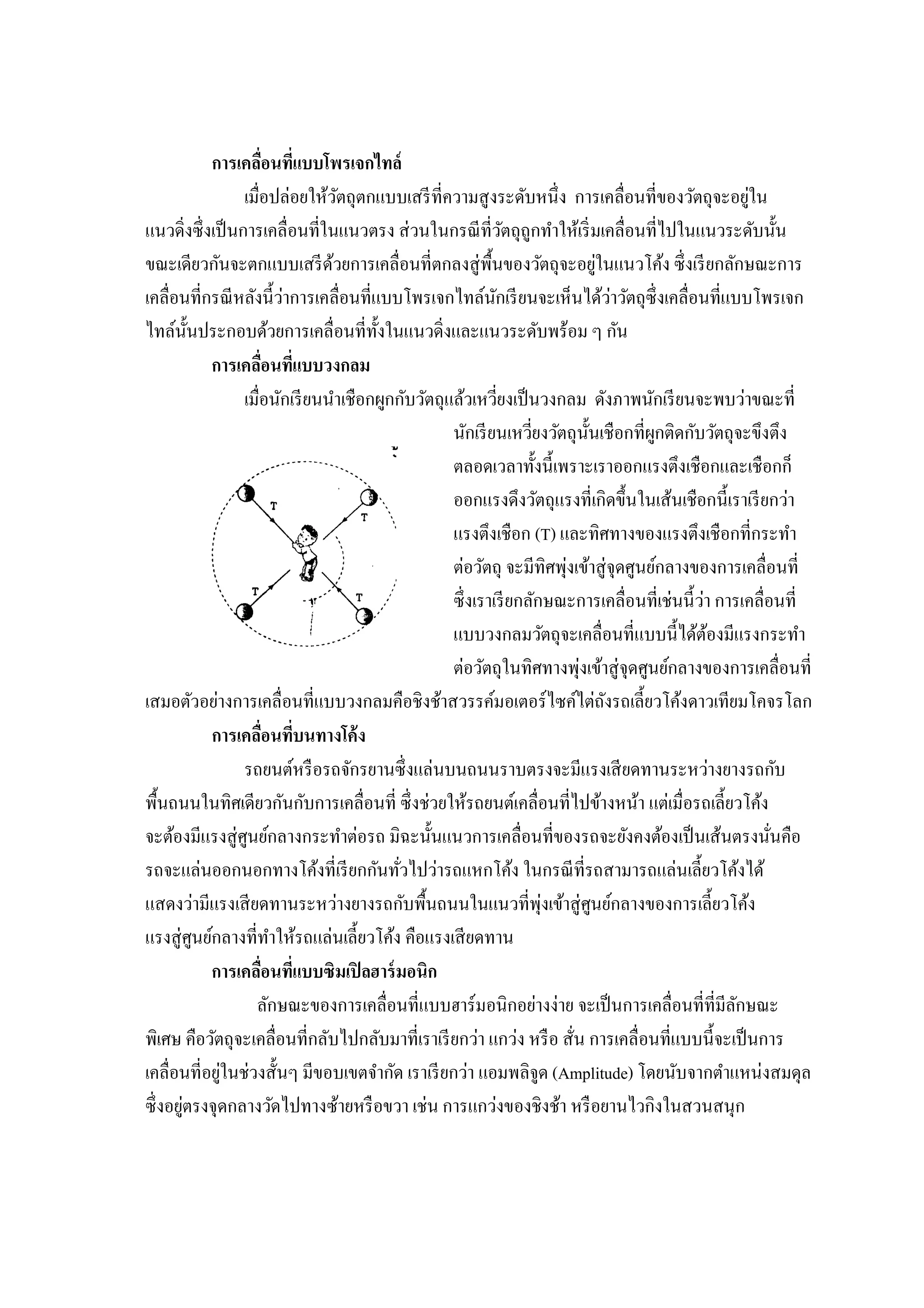 การเคลือนทีแบบโพรเจกไทล์
                เมือปล่อยให้วตถุตกแบบเสรี ทีความสู งระดับหนึง การเคลือนทีของวัตถุจะอยูใน
                                ั                                                              ่
แนวดิงซึ งเป็ นการเคลือนทีในแนวตรง ส่ วนในกรณี ทีวัตถุถูกทําให้เริ มเคลือนทีไปในแนวระดับนัน
ขณะเดียวกันจะตกแบบเสรี ดวยการเคลือนทีตกลงสู่ พืนของวัตถุจะอยูในแนวโค้ง ซึ งเรี ยกลักษณะการ
                              ้                                          ่
                                                                             ่
เคลือนทีกรณี หลังนีว่าการเคลือนทีแบบโพรเจกไทล์นกเรี ยนจะเห็นได้วาวัตถุซึงเคลือนทีแบบโพรเจก
                                                         ั
ไทล์นนประกอบด้วยการเคลือนทีทังในแนวดิงและแนวระดับพร้อม ๆ กัน
         ั
           การเคลือนทีแบบวงกลม
                เมือนักเรี ยนนําเชือกผูกกับวัตถุแล้วเหวียงเป็ นวงกลม ดังภาพนักเรี ยนจะพบว่าขณะที
                                                 นักเรี ยนเหวียงวัตถุนนเชื อกทีผูกติดกับวัตถุจะขึงตึง
                                                                       ั
                                                 ตลอดเวลาทังนีเพราะเราออกแรงตึงเชือกและเชื อกก็
                                                 ออกแรงดึงวัตถุแรงทีเกิดขึนในเส้นเชือกนีเราเรี ยกว่า
                                                 แรงตึงเชือก (T) และทิศทางของแรงตึงเชื อกทีกระทํา
                                                 ต่อวัตถุ จะมีทิศพุงเข้าสู่ จุดศูนย์กลางของการเคลือนที
                                                                   ่
                                                 ซึ งเราเรี ยกลักษณะการเคลือนทีเช่นนี ว่า การเคลือนที
                                                 แบบวงกลมวัตถุจะเคลือนทีแบบนีได้ตองมีแรงกระทํา
                                                                                          ้
                                                 ต่อวัตถุในทิศทางพุงเข้าสู่ จุดศูนย์กลางของการเคลือนที
                                                                     ่
เสมอตัวอย่างการเคลือนทีแบบวงกลมคือชิงช้าสวรรค์มอเตอร์ ไซค์ไต่ถงรถเลียวโค้งดาวเทียมโคจรโลก
                                                                           ั
           การเคลือนทีบนทางโค้ ง
                รถยนต์หรื อรถจักรยานซึ งแล่นบนถนนราบตรงจะมีแรงเสี ยดทานระหว่างยางรถกับ
พืนถนนในทิศเดียวกันกับการเคลือนที ซึ งช่วยให้รถยนต์เคลือนทีไปข้างหน้า แต่เมือรถเลียวโค้ง
จะต้องมีแรงสู่ ศูนย์กลางกระทําต่อรถ มิฉะนันแนวการเคลือนทีของรถจะยังคงต้องเป็ นเส้นตรงนันคือ
รถจะแล่นออกนอกทางโค้งทีเรี ยกกันทัวไปว่ารถแหกโค้ง ในกรณี ทีรถสามารถแล่นเลียวโค้งได้
แสดงว่ามีแรงเสี ยดทานระหว่างยางรถกับพืนถนนในแนวทีพุงเข้าสู่ ศูนย์กลางของการเลียวโค้ง
                                                                 ่
แรงสู่ ศูนย์กลางทีทําให้รถแล่นเลียวโค้ง คือแรงเสี ยดทาน
           การเคลือนทีแบบซิมเปิ ลฮาร์ มอนิก
                  ลักษณะของการเคลือนทีแบบฮาร์ มอนิกอย่างง่าย จะเป็ นการเคลือนทีทีมีลกษณะ     ั
พิเศษ คือวัตถุจะเคลือนทีกลับไปกลับมาทีเราเรี ยกว่า แกว่ง หรื อ สัน การเคลือนทีแบบนีจะเป็ นการ
             ่
เคลือนทีอยูในช่วงสันๆ มีขอบเขตจํากัด เราเรี ยกว่า แอมพลิจูด (Amplitude) โดยนับจากตําแหน่งสมดุล
       ่
ซึ งอยูตรงจุดกลางวัดไปทางซ้ายหรื อขวา เช่น การแกว่งของชิงช้า หรื อยานไวกิงในสวนสนุก
 