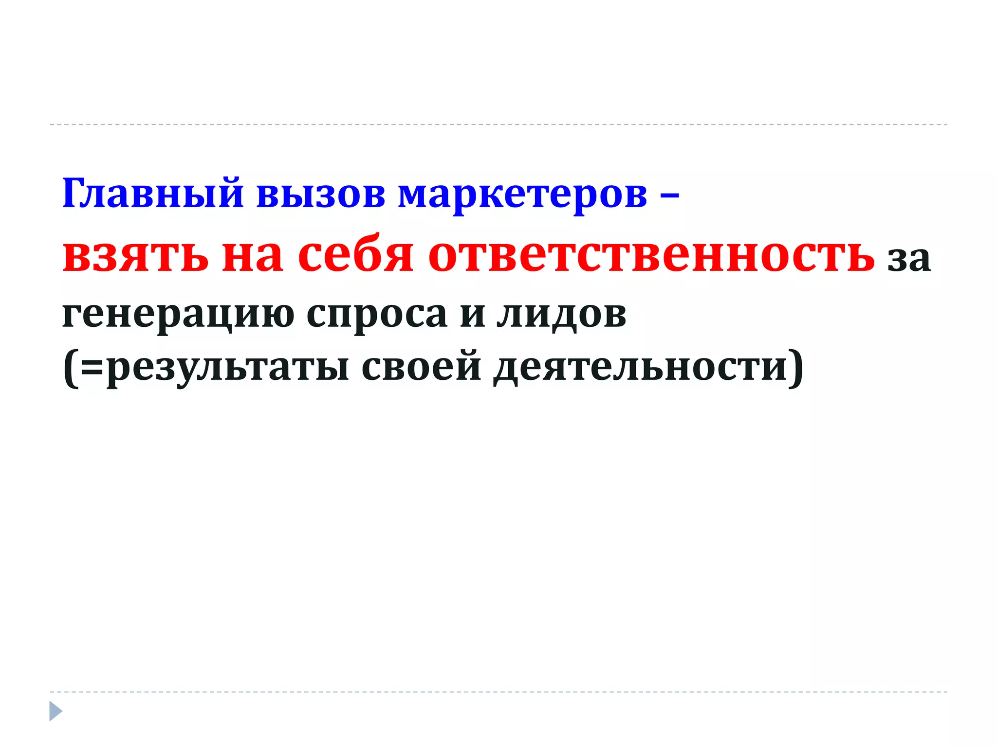 Главный вызов маркетеров –
взять на себя ответственность за
генерацию спроса и лидов
(=результаты своей деятельности)
 