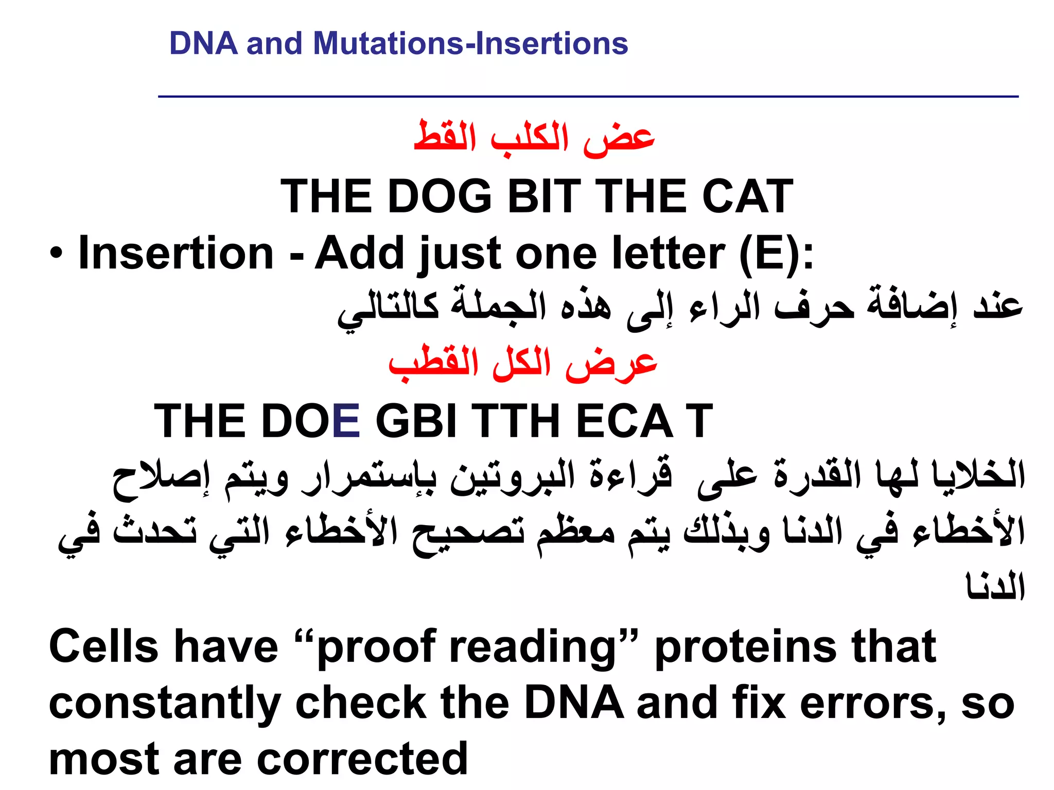 DNA and Mutations-Insertions


                       ‫عض الكلب القط‬
              THE DOG BIT THE CAT
• Insertion - Add just one letter (E):
                 ‫عند إضافة حرف الراء إلى هذه الجملة كالتالي‬
                    ‫عرض الكل القطب‬
      THE DOE GBI TTH ECA T
    ‫الخاليا لها القدرة على قراءة البروتين بإستمرار ويتم إصالح‬
 ‫األخطاء في الدنا وبذلك يتم معظم تصحيح األخطاء التي تحدث في‬
                                                         ‫الدنا‬
Cells have “proof reading” proteins that
constantly check the DNA and fix errors, so
most are corrected
 