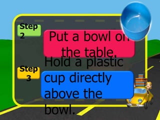 Step
2       Put a bowl on
          the table.
Step
       Hold a plastic
 3     cup directly
       above the
       bowl.
 